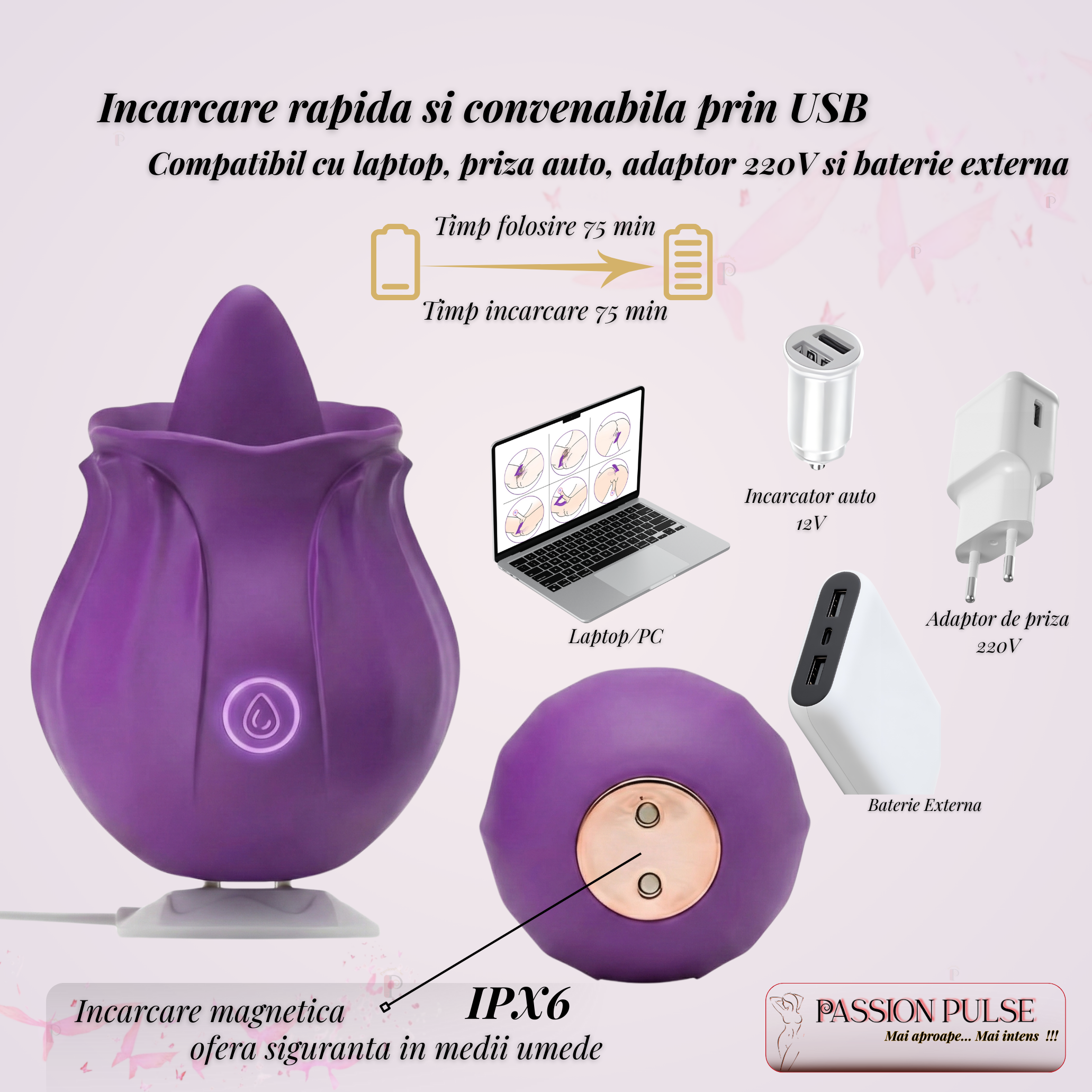 Vibrator pentru clitoris si sani Blossom Stimulator Purple - imagine 6