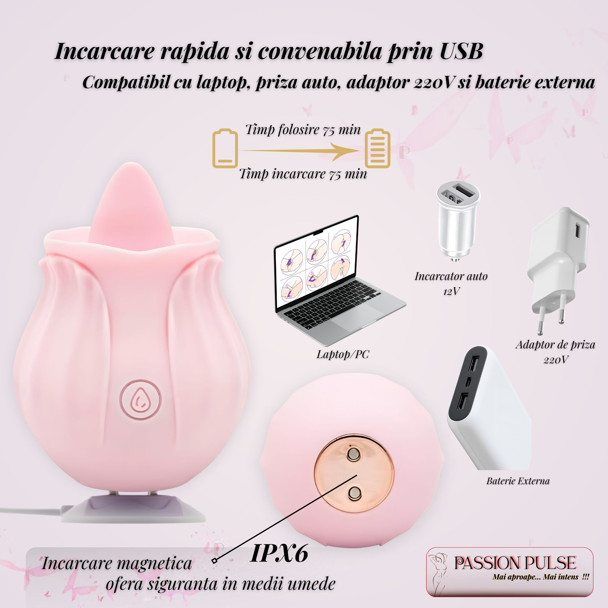 Vibrator pentru clitoris si sani Blossom Stimulator Pink - imagine 6